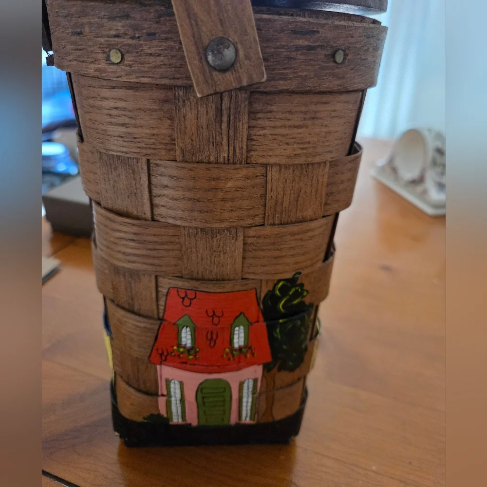 70's Hand-painted Woven Wood Basket Purse Lined In Calico And Has Brass Hinges
